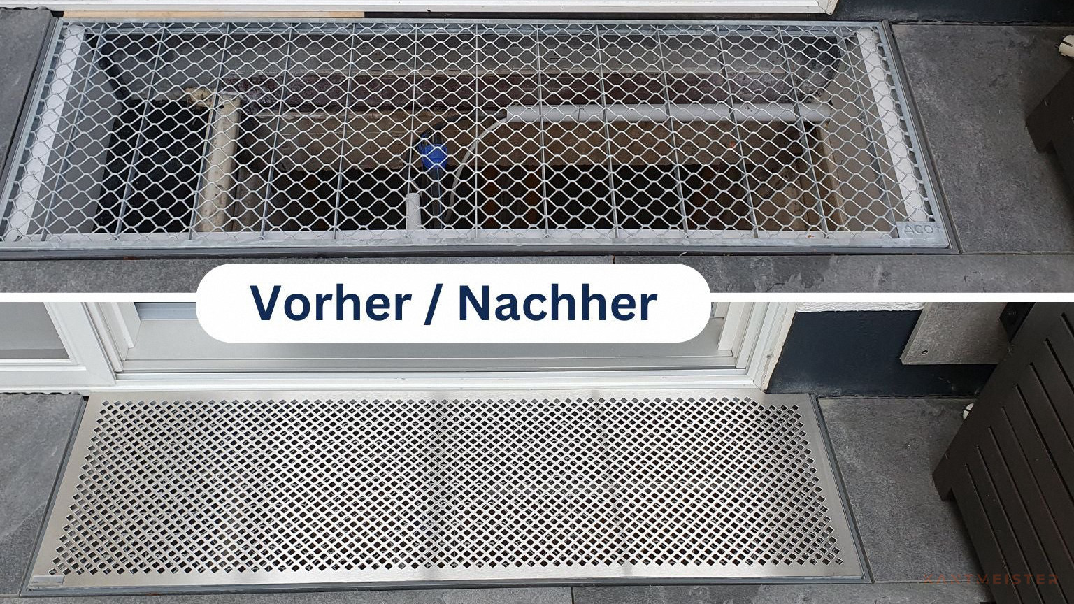 Vorher/Nachher Vergleich: alter Gitterrost vs. neue Edelstahl-Lichtschachtabdeckung