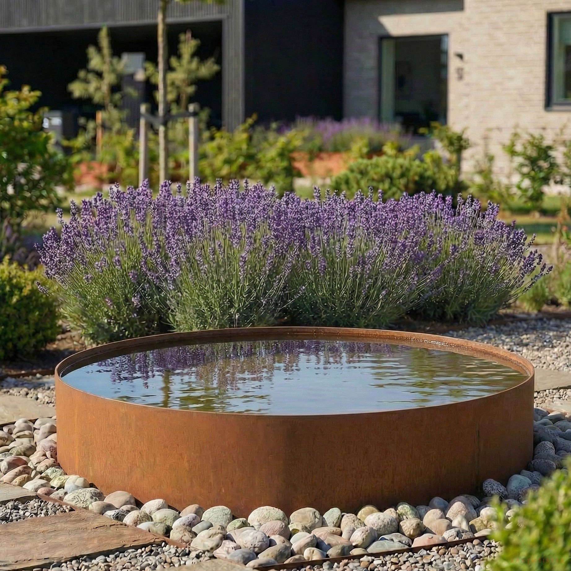 Rundes Wasserbecken aus Cortenstahl im Garten