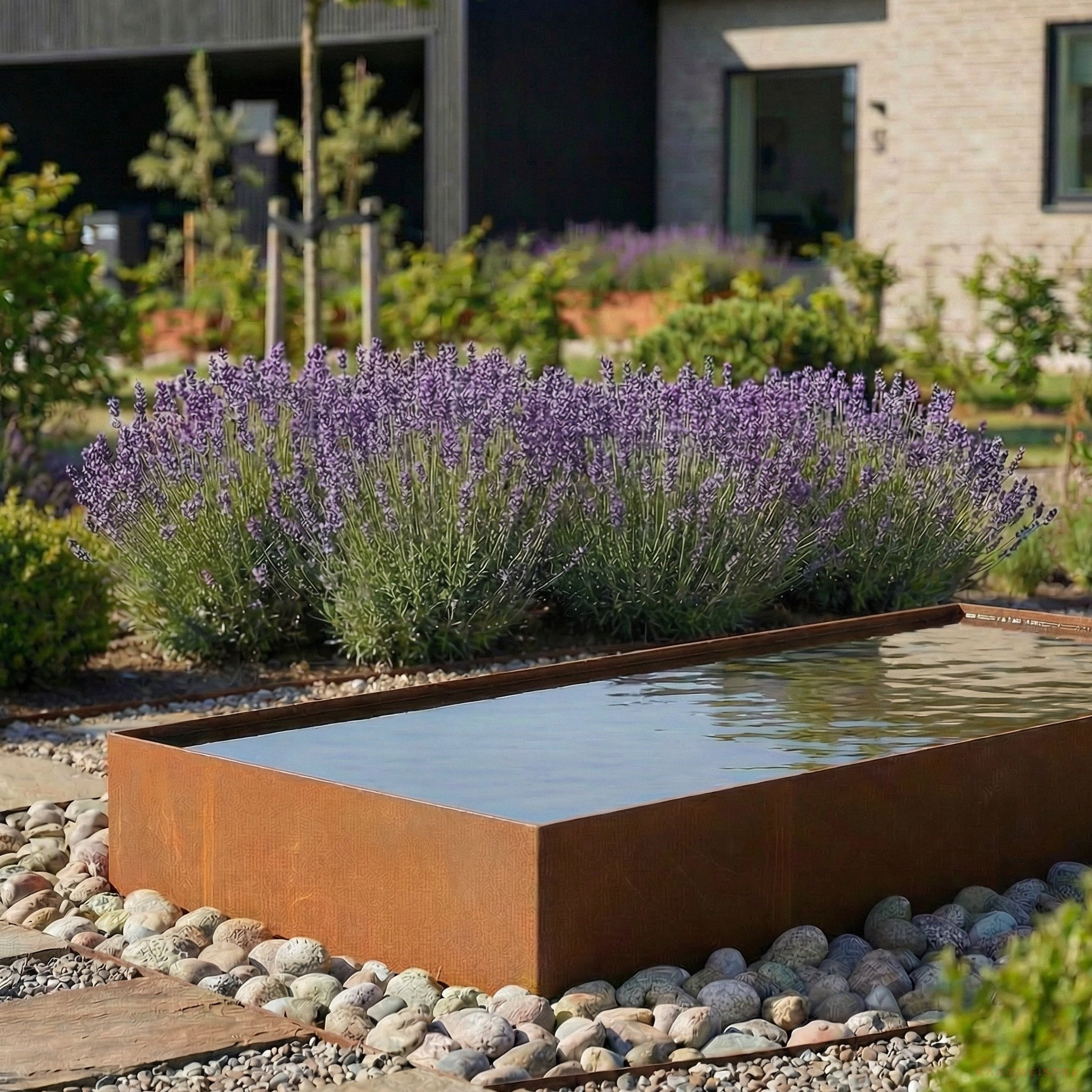 Cortenstahl Wasserbecken rechteckig im Garten